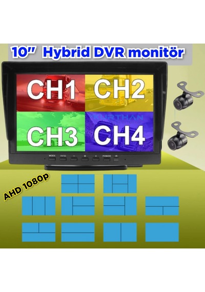 10 İnç Dvr Ekran + 2 Adet Ahd 1080p Kelebek Kamera Seti 12 Volt