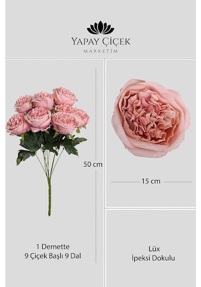 Pembe Yapay Şakayık Demeti 9 Dallı Lüx İpeksi Dokulu 45 Cm
