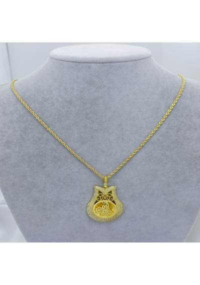 22 Ayar Altın Kaplama Burgu Zincir'li Tuğra'lı Damla Kadın Kolye Gold