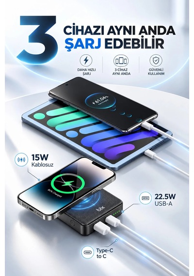 Exenar - Siyah - 10000mah Standlı Pd20w Type-c - Usb-a Scp22.5w - 15w Kablosuz Hızlı Şarj Led Göstergeli Powerbank