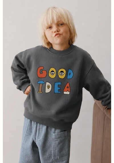 Monila Unisex Çocuk 3 İplik Kumaş Slogan Baskılı Pamuklu Sweatshirt Antrasit