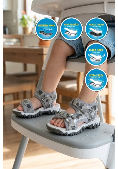 Arzen Gri-kamuflaj Polyester Karışımlı Çocuk Sandalet 25t104 B