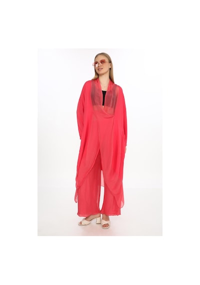 Bohem Stil Italyan Ipek Detaylı Oversize Kap Bluz- Wes Pantolon Takım-8863 Mercan Pembe