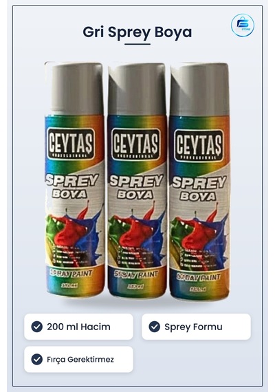 Sprey Boya Gri 200 Ml 1 Adet Pratik Püskürtme Formu Kolay Uygulam