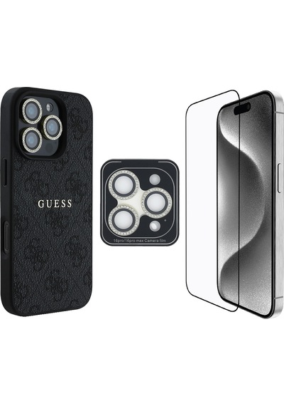 Apple iPhone 16 Pro Uyumlu Guess Lisanslı Kılıf + Ekran Koruyucu + Lens Koruyucu 3in1 Aksesuar Seti Siyah