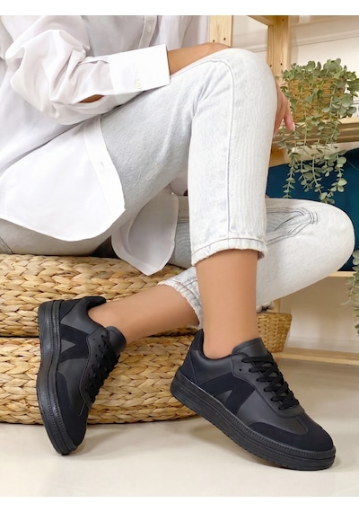 Kadın Sneaker Yüksek Taban Ortopedik Bağcıklı Spor Ayakkabı Retro Siyah 011