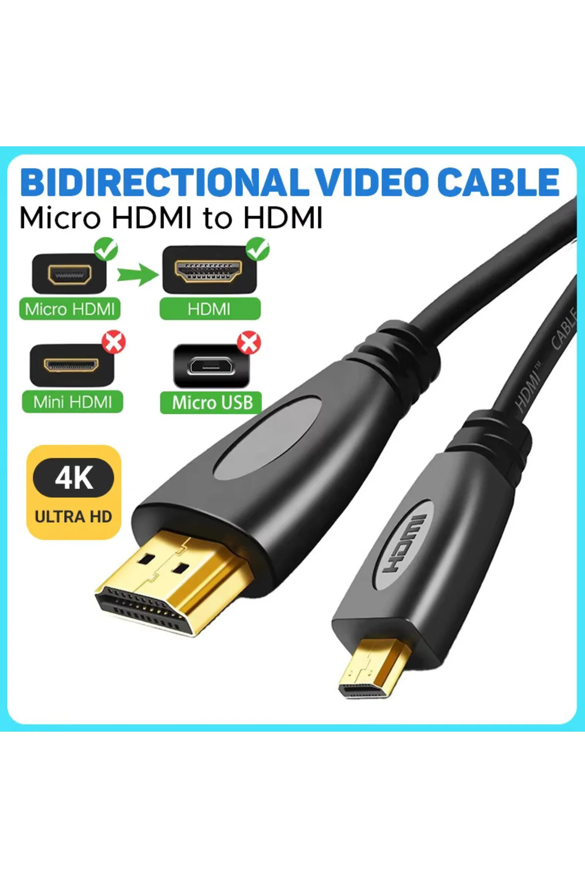 3 Metre 3mt Micro Hdmi To Hdmi Çevirici Mikro Dönüştürücü Adaptör Tv Kablosu Tablet/laptop Cabble 001