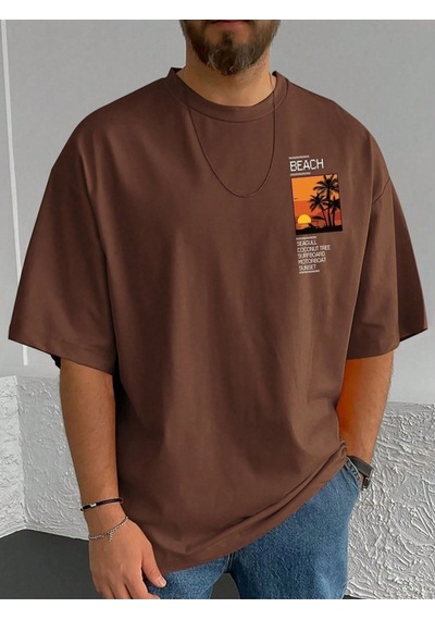 Beach Logo T-shirt - Kahve Baskılı Oversize Bisiklet Yaka Kısa Kol Kahverengi