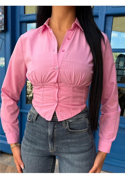 WeShaya Pembe Polyester Pamuk Parçalı Gömlek Pembe