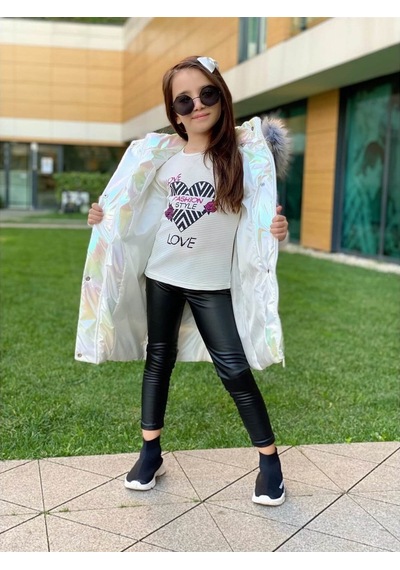Quzucuk Kids 3 Çınar Kız Çocuk Petrol Beyaz Uzun Şişme Mont Bej