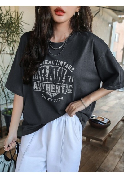 Flood Of Style Kadın Koyu Gri Original Vintage Raw Baskılı Oversize Bisiklet Yaka Tişört