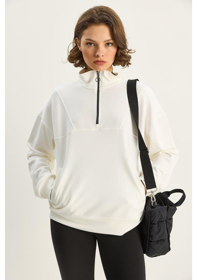Shade Kadın Dik Yaka Yarım Fermuarlı Cep Detaylı Oversize Modal Sweatshirt 60601053 - Ekru