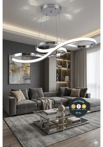Sonsuzluk Serisi Sanatsal Kıvrımlı Krom Led Sarkıt Avize - 3 Renk Işıklı Modern Salon Aydınlatma