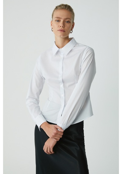 Ethıquet Evangelıne Kadın Slim Fit Dar Kesim Likralı Cepsiz Uzun Kollu Poplin Beyaz Gömlek