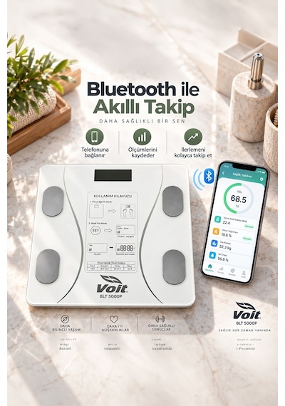 Voit Blt5000 Bluetooth Baskül - Dijital Akıllı Tartı - Yağ Ölçer Tartı - Pil Ve Mezura Hediyeli Tartı - Beyaz