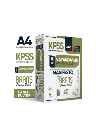 2026 KPSS Genel Kültür 3 Adım Vatandaşlık Manifesto 20li Dijital Çözümlü Branş Deneme Paketi