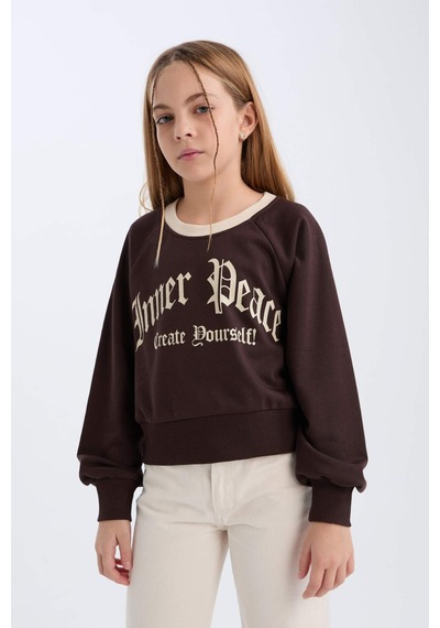 DeFacto Kız Çocuk Relax Fit Bisiklet Yaka Baskılı İçi Yumuşak Tüylü Sweatshirt D7042A824WNBN116