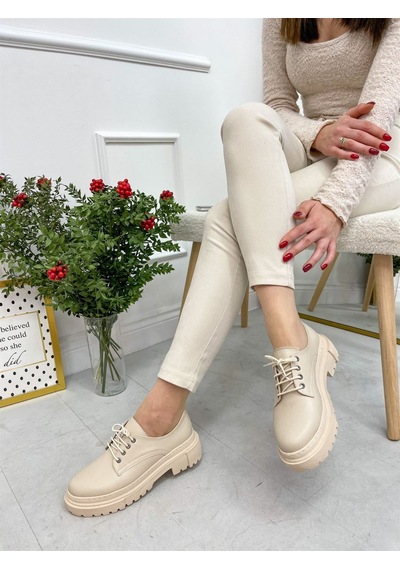 Erva'nın Butiği Bej Cilt College Kadın Bağcıklı Loafer-4094
