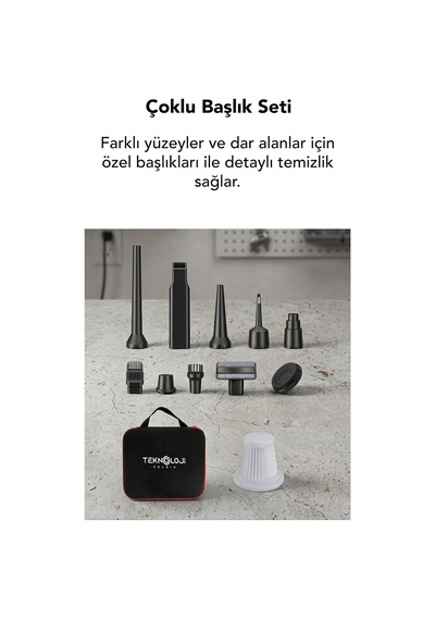 Araç İçi Süpürge Kablosuz Işıklı Göstergeli 20.000 Pa 9başlık Yedek Filtre Çantalı Çekim&üf Siyah