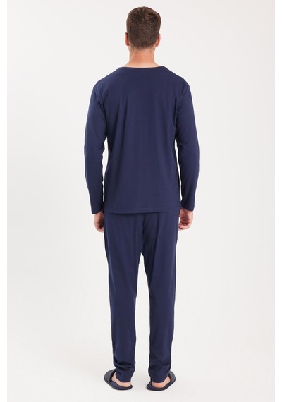 Tudors Erkek Standart Fit %100 Pamuk V Yaka Beli Lastikli Lacivert Pijama Takımı-37940 Lacivert