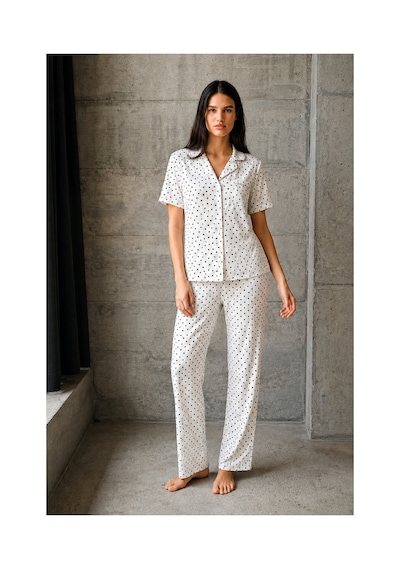 Fit Women V Yaka Düğmeli Casual Kar Beyaz Pijama Takımı