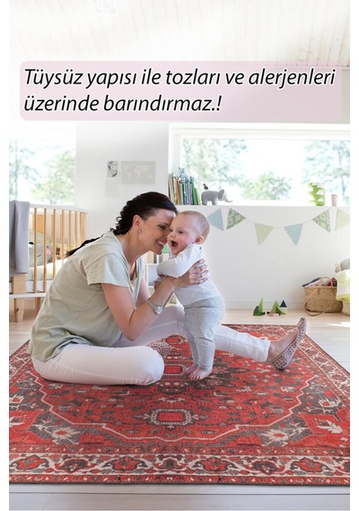 Foldy Vintage Desenli Dokuma Taban Dekoratif Kırmızı Halı Fl 48 Kırmızı 11