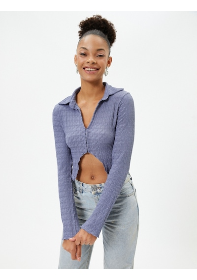 Koton Crop Bluz Asimetrik Kesim Dokulu Slim Fit Uzun Kollu Gömlek Yaka Mavi 4sal60021ık 4SAL60021IK624 Koton Crop Bluz Asimetrik Kesim Dokulu Slim Fit Uzun Kollu Gömlek Yaka Mavi 4sal60021ık 4SAL60021IK624