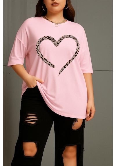 Love Kadın Büyük Beden Battal Baskılı Bisiklet Yaka Pamuklu T-shirt Rahat Kesim Unisex Sevgili Kombini Pembe