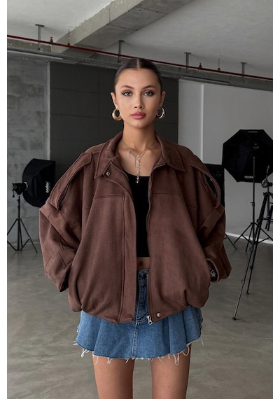 Öner Oversize Kadın Bomber Acı Kahve Süet Deri Ceket Kahverengi3565 Kahverengi3565