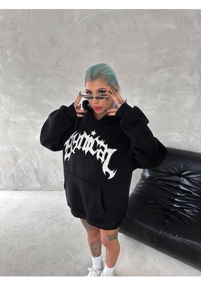 Unisex Üç İplik Kapşonlu Baskılı Sweatshirt - Siyah Siyah