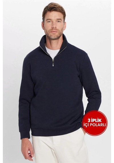 Tudors Unisex Relax Fit Rahat Kesim Pamuklu İçi Polarlı Yarım Fermuarlı Lacivert Dik Yaka Sweatshirt-32669
