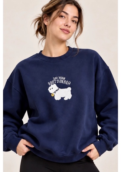 Bbbutikbasic Kadın Kuzu Nakışlı Bisiklet Yaka 3 İplik Sweatshirt My3535 Lacivert