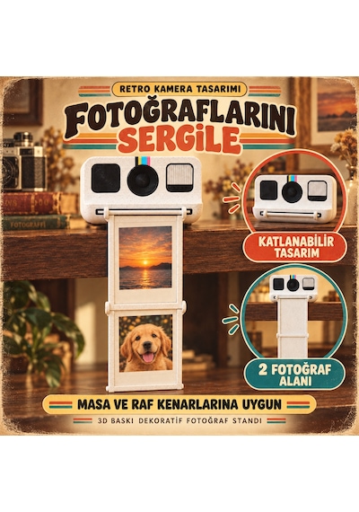 Retro Kamera Tasarımlı Katlanabilir Anı Fotoğrafı Sergileme Standı 3d Baskı