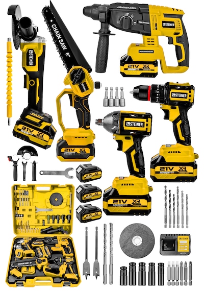 Steiner 21v Darbeli Kömürsüz 5'li Set Kırıcı Delici Hilti - Somun Sıkma Sökme - Testere - Matkap - Vidalama Sarı