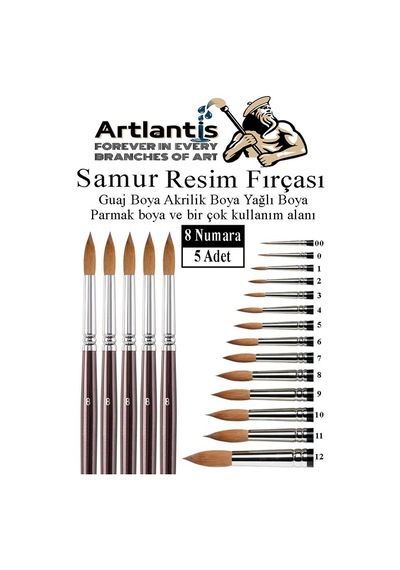 Resim Fırçası 8 Numara 5 Li 1 Paket Samur Yuvarlak Uçlu Fırça Seti Guaj Sulu Akrilik Yağlı Boya Fırçaları