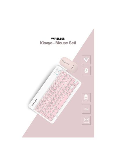 Tablet Ve Telefonlar İçin Bluetooth - Wireless Klavye Ve Mouse Set - Pembe Diğer