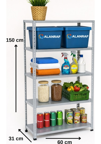 5 Katlı Galvaniz Çelik Raf - Depo, Arşiv, Kiler, Dosya, Market Rafı 31x60 Cm-150 Cm-0.70 Mm