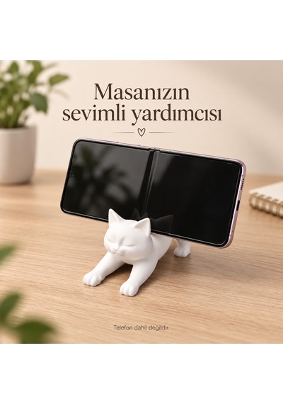 Kedi Figürlü Telefon Standı Beyaz Dekoratif Masaüstü Telefon Tutucu