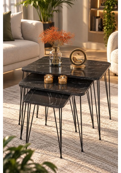 Odera Bendir Siyah Mermer Desenli Orta Sehpa Ve Zigon Sehpa 4'lü Set Siyah Metal Ayaklı Modern Salon Sehpası Diğer