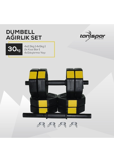 Tan Spor 30 KG Dambıl Dumbbell Halter Ağırlık Kısa Bar Seti Sarı Kapaklı