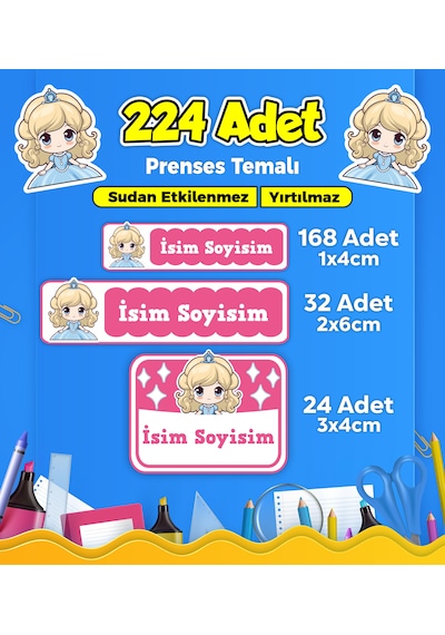 Prenses Temalı Okul Kreş Kişiye Özel İsim Etiket Seti - Model 302 Çok Renkli