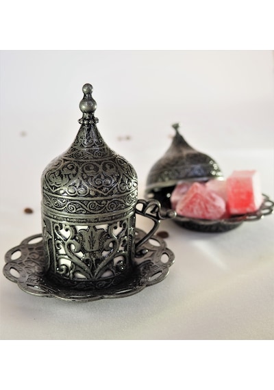 Osmanlı Motifli Türk Kahve Takımı Tepsili Metal 2'li