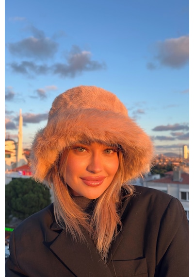 Mollycrush Suni Kürklü Peluş Bucket Kalpak Şapka Luxury Kadın Camel Rus Slav Tarzı Camel