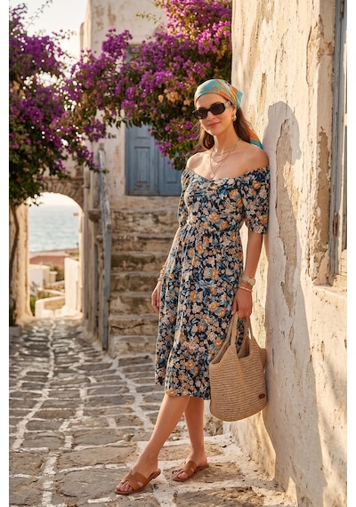 Lela Desenli Oversize Fit Carmen Yaka Büzgü Detaylı Midi Boy Bayan Elbise 6782169 Lacivert