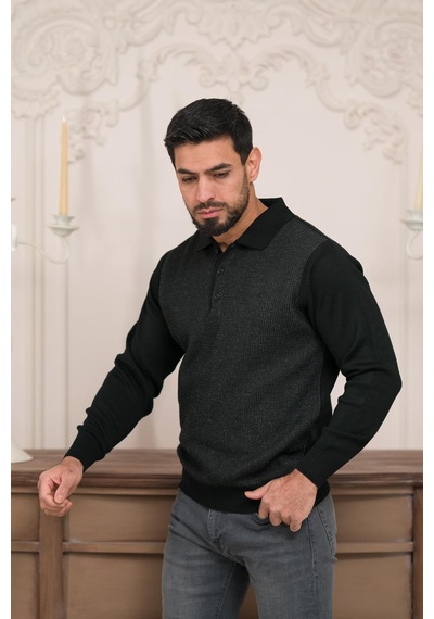 Woolen World Polo Yaka Armürlü Yünlü Erkek Triko Kazak Siyah
