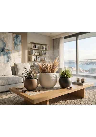 Zevli Japandi Tarzı Modern Küre Saksı 3'lü Set - Su Sızdırmaz Dekoratif Salon Ve Balkon Saksısı Hediyelik Çiçeklik Seti Mermer Beyazı, Antrasit Ve Mocha, Bir Büyük İki Orta 001