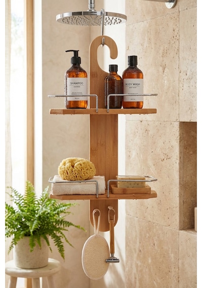 Makri Home Bambu Banyo Düzenleyici Organizer Banyo Köşeliği, Şampuanlık Bej