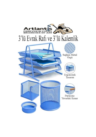 Mavi Metal Evrak Rafı 3 Lü Ve Masaüstü Kalemlik 3 Lü 1 Paket Masaüstü A4 Dosya 3 Katlı Düzenleyici Kağıt Tepsisi Mavi