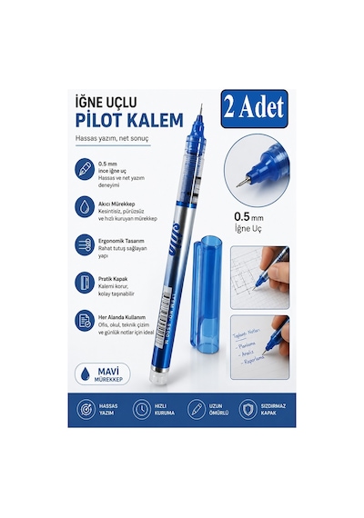Mavi Pilot Kalem İğne Uçlu 2 Adet Stilo Pilot Kalem 0.5mm İnce Uçlu Pilot Kalem Likit Mürekkepli Pilot Kalem