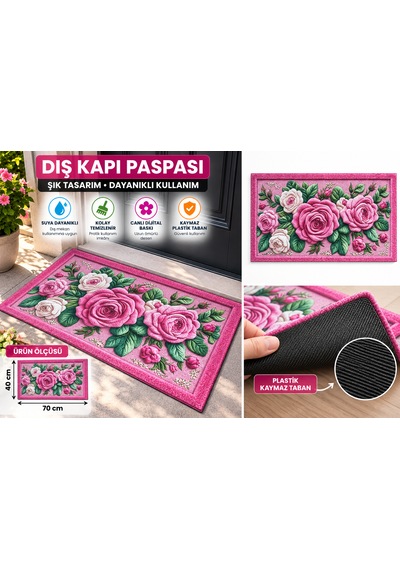 Pembe Gül Desenli Dış Kapı Paspası 40x70 Cm Dijital Baskılı Plastik Kaymaz Tabanlı Dekoratif Kapı Önü Paspası